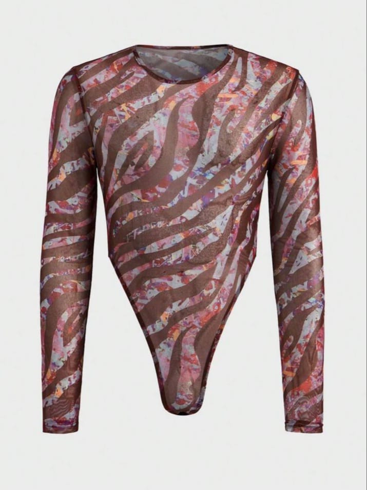 FASHION-CITY Men's Printed Long Sleeve Crew Neck Comfortable Elastic Bodysuit